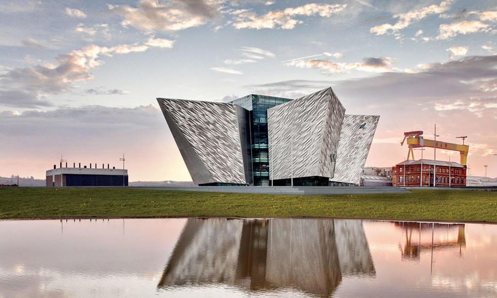 The Titanic Belfast at sunset.