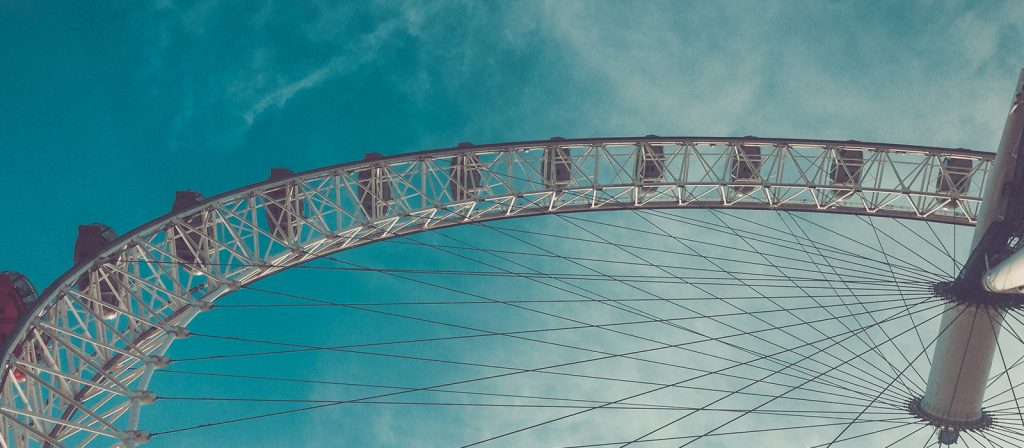 A view of the London Eye looking up to the sky.