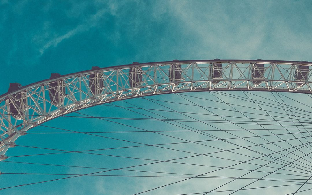 A view of the London Eye looking up to the sky.